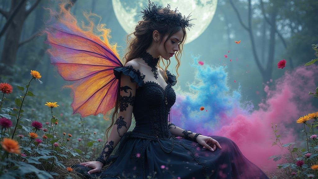 Gothic Woman in Rainbow Mist, Watercolor Style