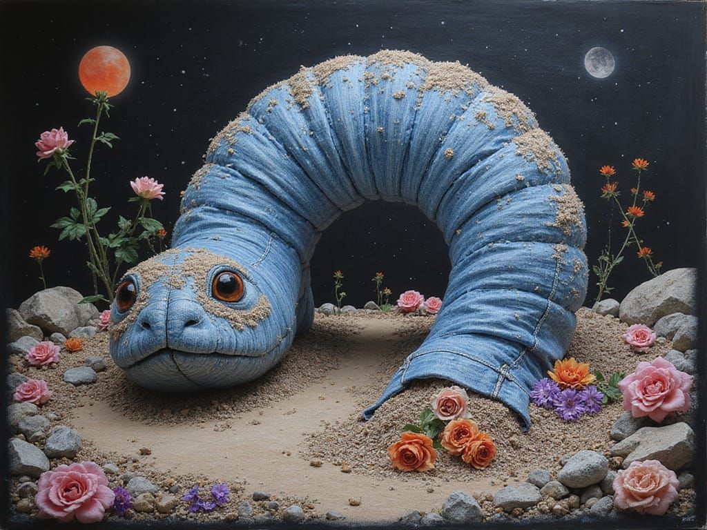 Freestanding Colossal Biolucent Denim Sandworm in Dramatic Pause Vanishing Point Trompe L'oeil