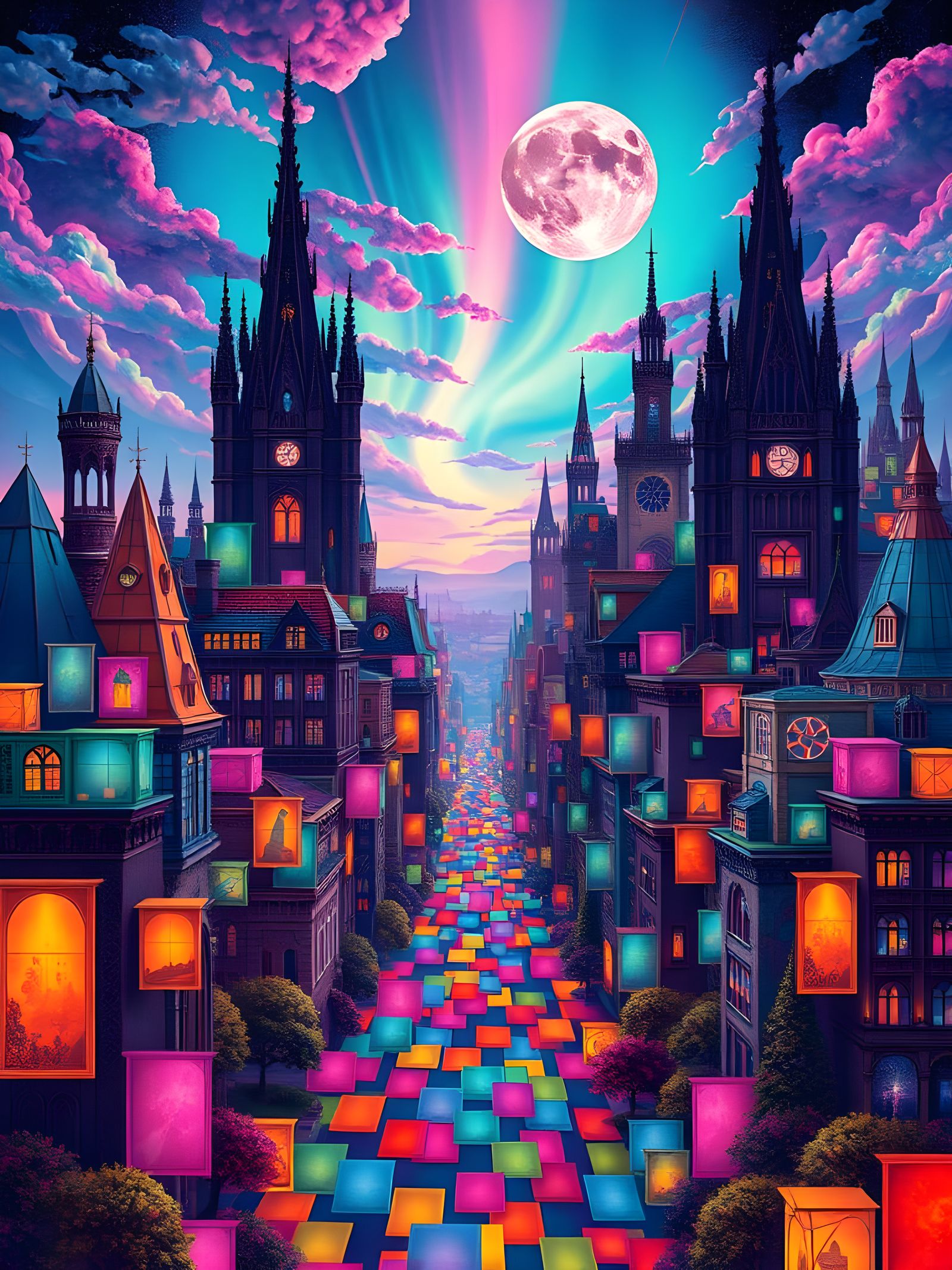 Majestic Square-Shaped Gothic Cityscape under Vibrant Whimsi...