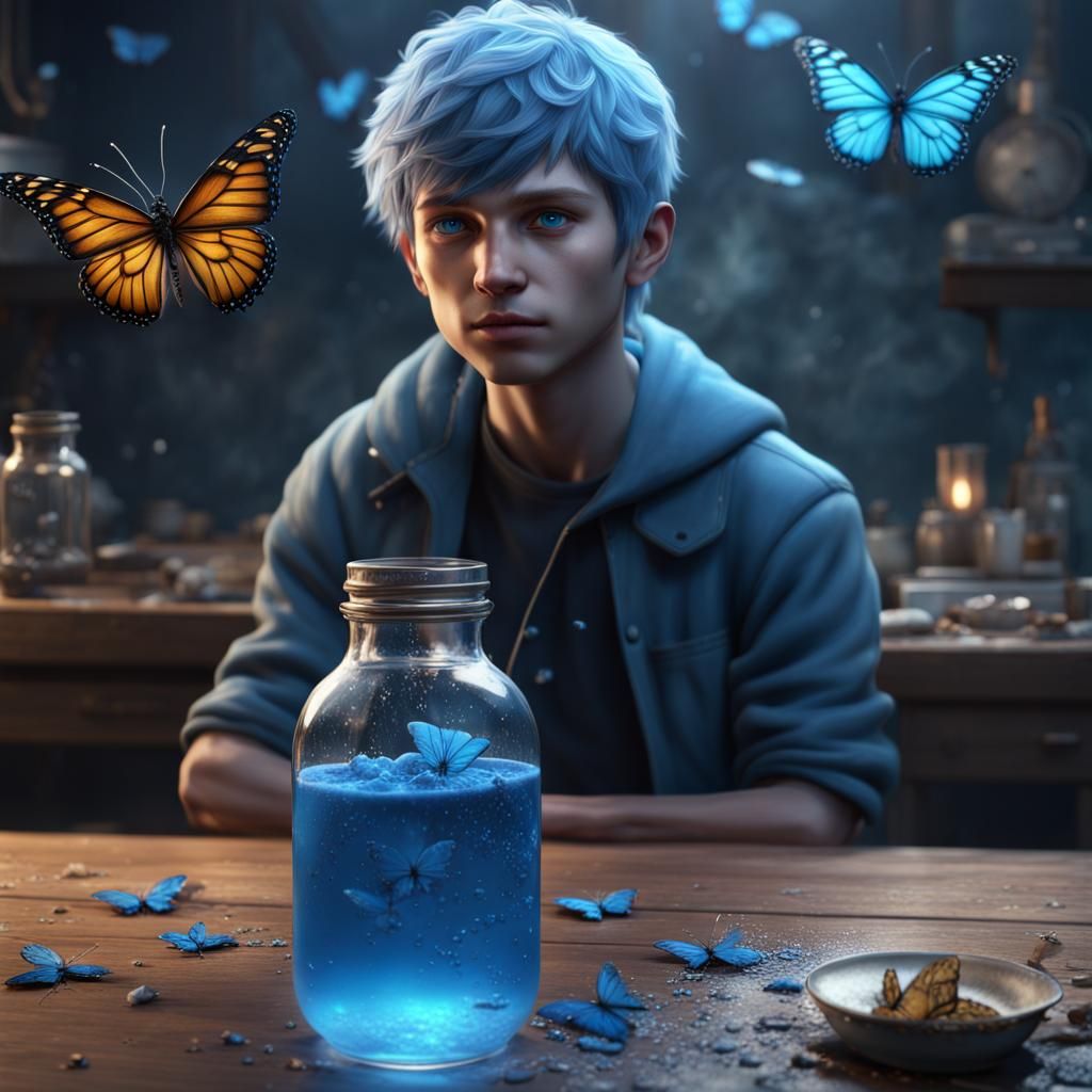 Emo Boy Surrounded by Blue Bottle Butterflies