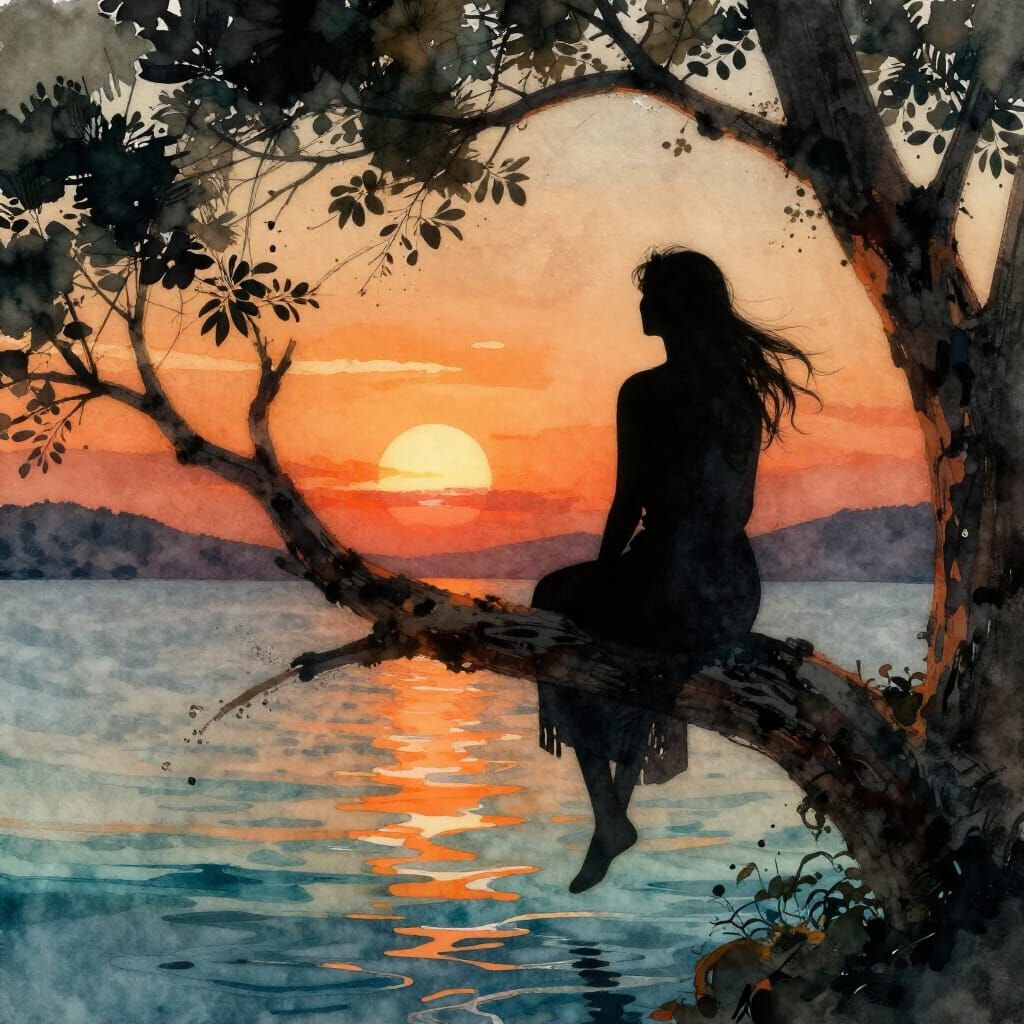 Woman Silhouetted Watching Sunset on Tree Branch in Watercol...