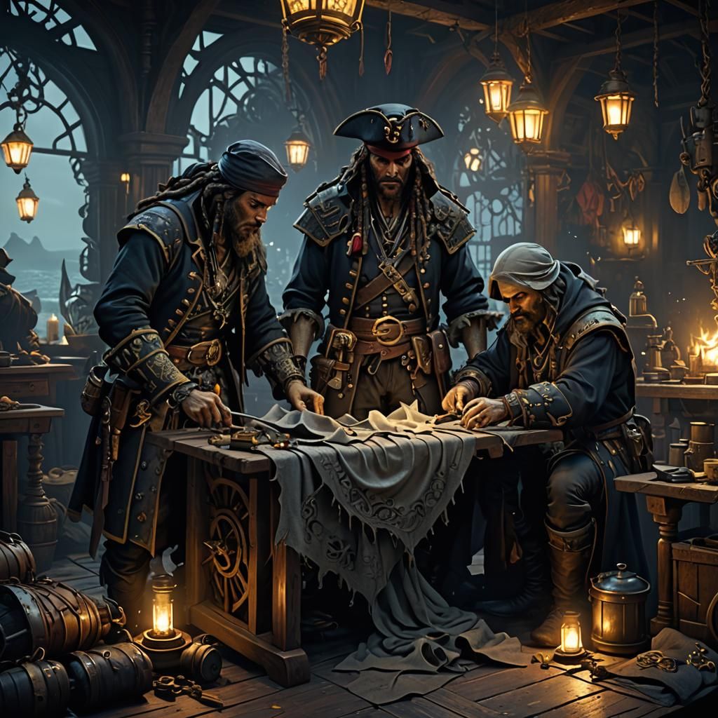 Ghost Pirates Sewing Clothes in Dark Fantasy Style