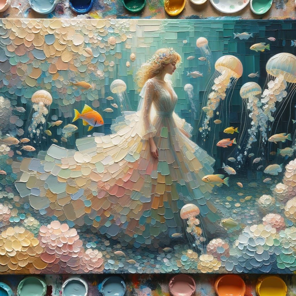 Underwater Woman in Diaphanous Gown: Impressionist Painting