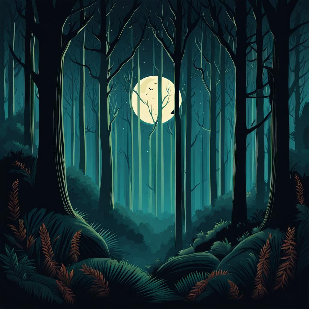 Night Forest Scene with Strong Light Contrast