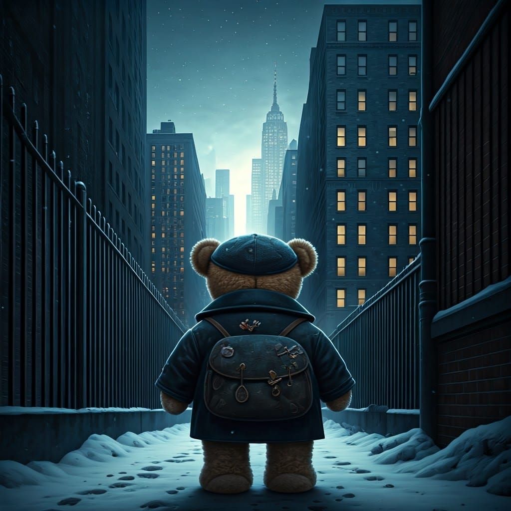 Nostalgic Teddy Bear in Snowy New York Backyard