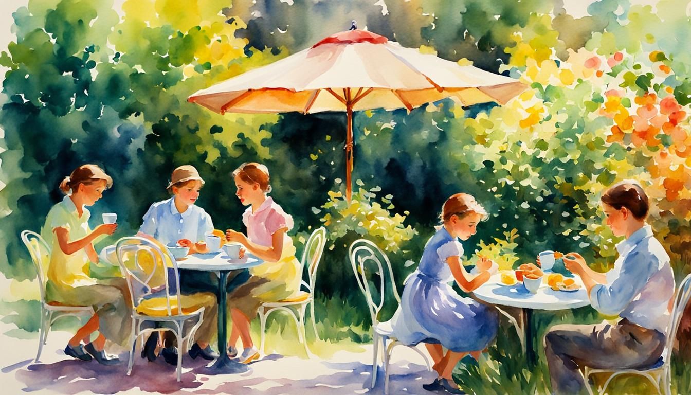 Twins at Cafe: Impressionist Watercolor Painting