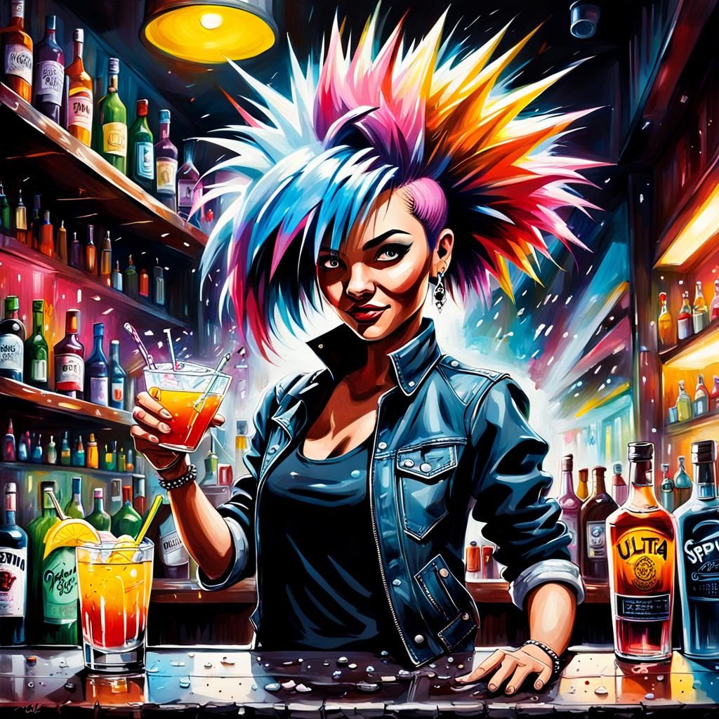 Behind the bar, rocker female bartender.