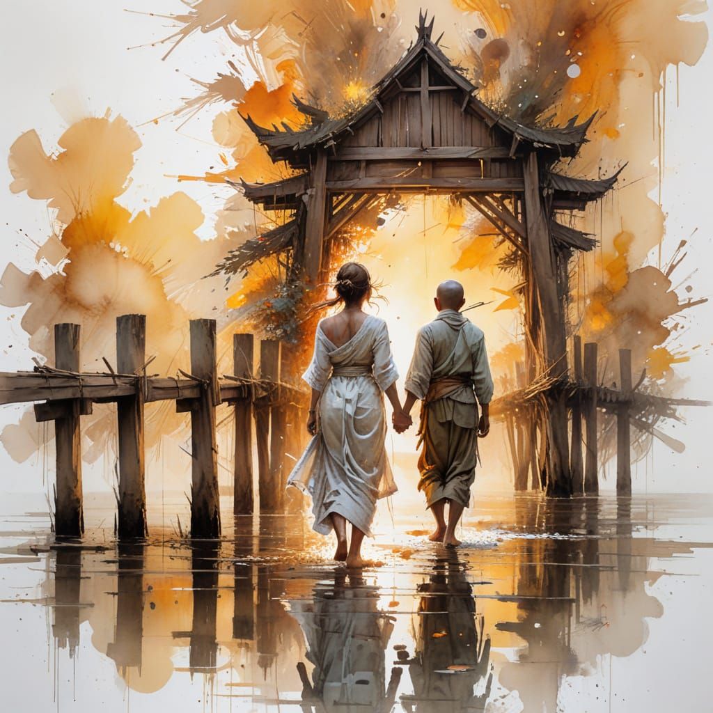 U Bein Bridge Sunset: A Watercolour Digital Painting