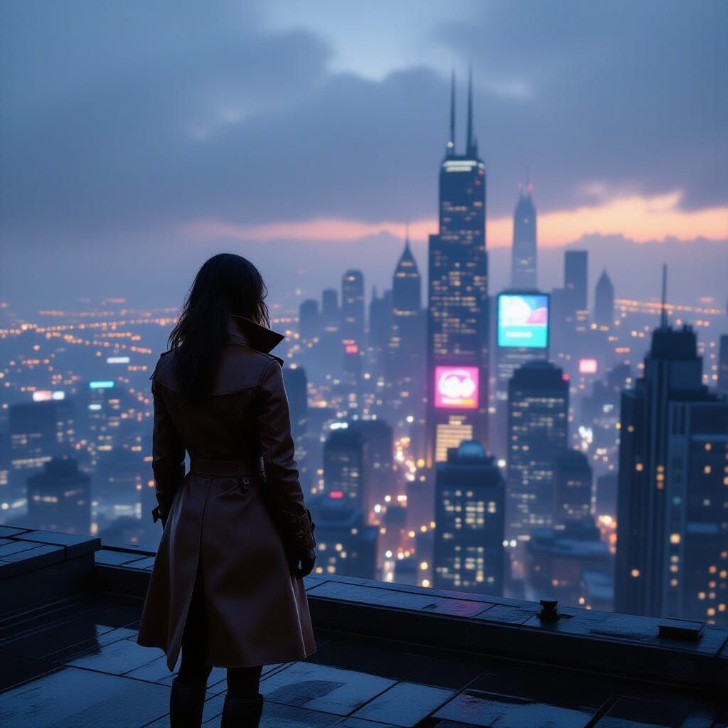 Steampunk Woman Overlooks Neon Cityscape at Dusk