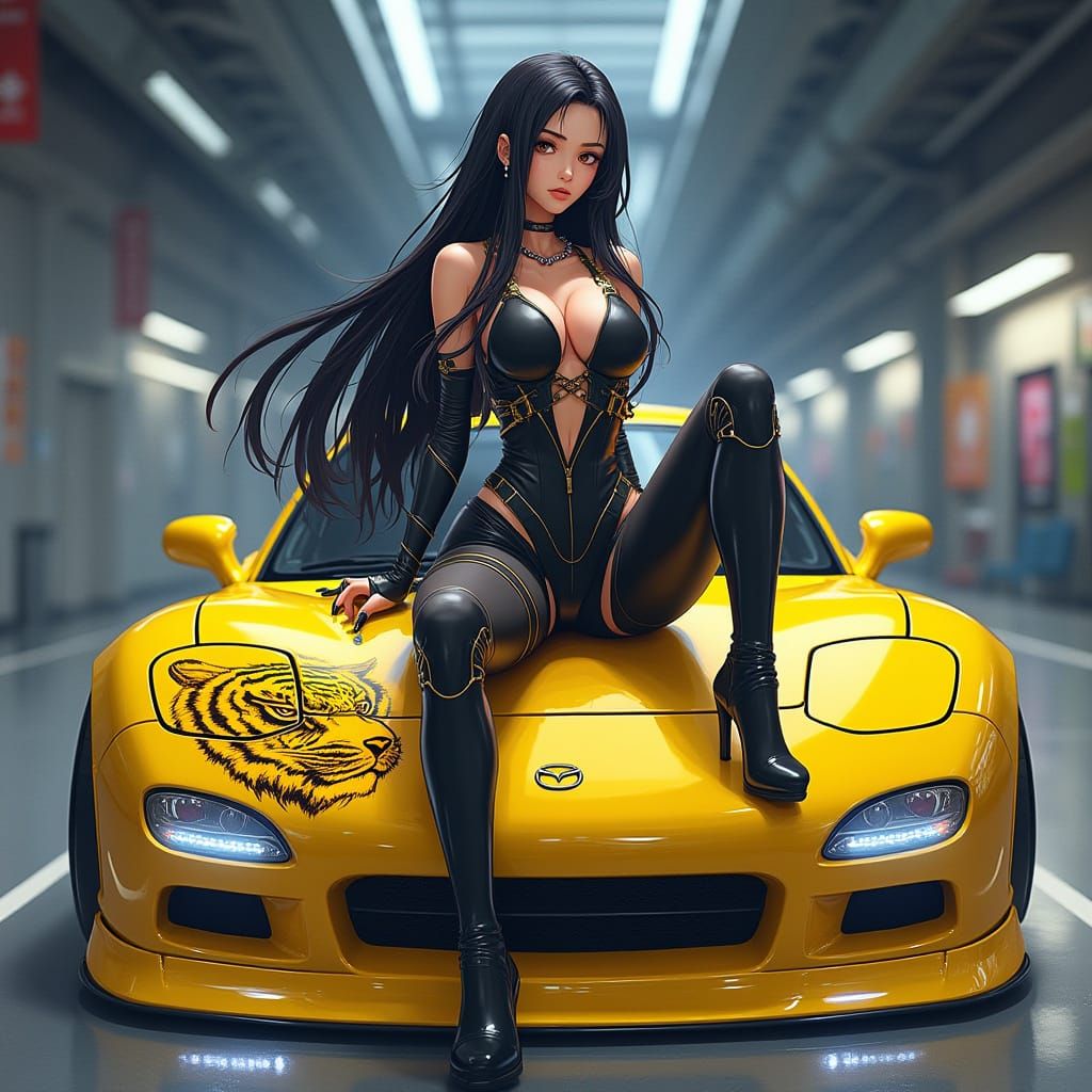 Modified Yellow Mazda RX 7 with Anime Woman