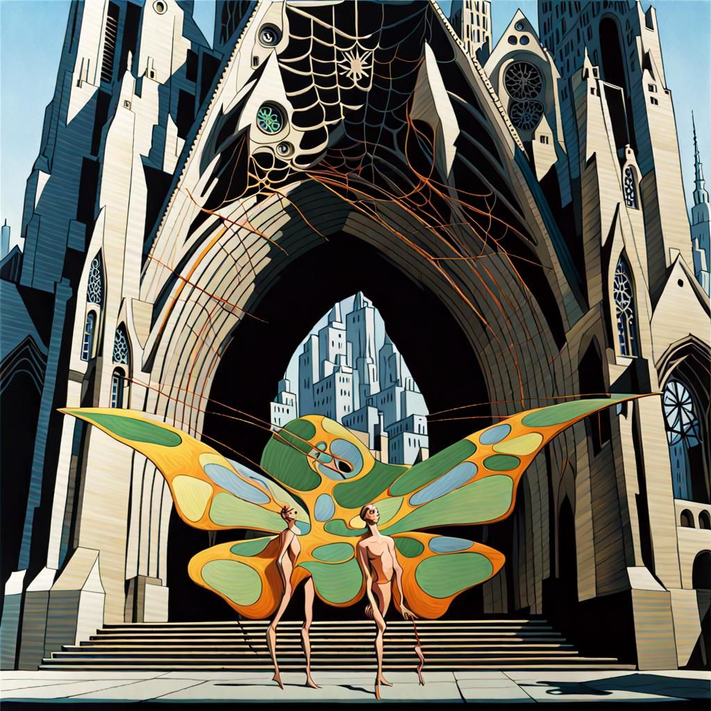 Surreal Cityscape with Robot Butterfly and Iridescent Goat