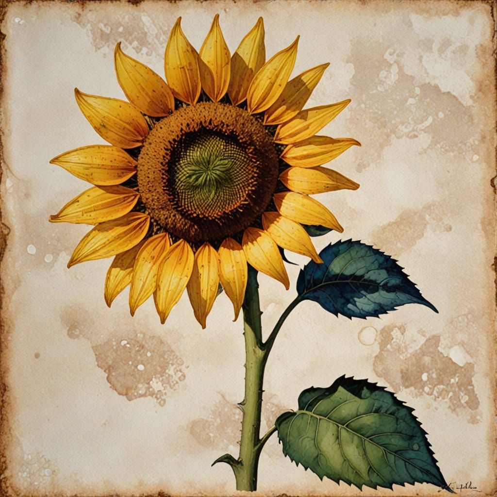 Sunflower, alcohol ink, faience cel-shaded retroism Canalett...