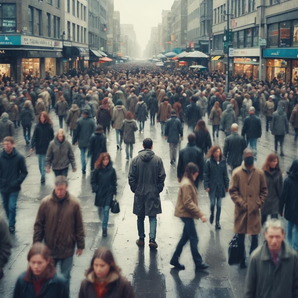 Overwhelmed Figure in Surreal Urban Crowd