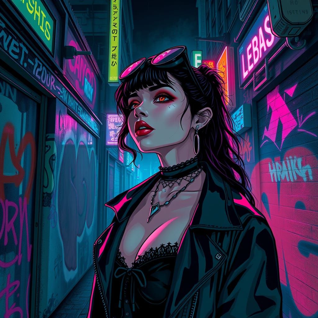 Urban Gothic Graffiti Art: Futuristic Neon Portrait
