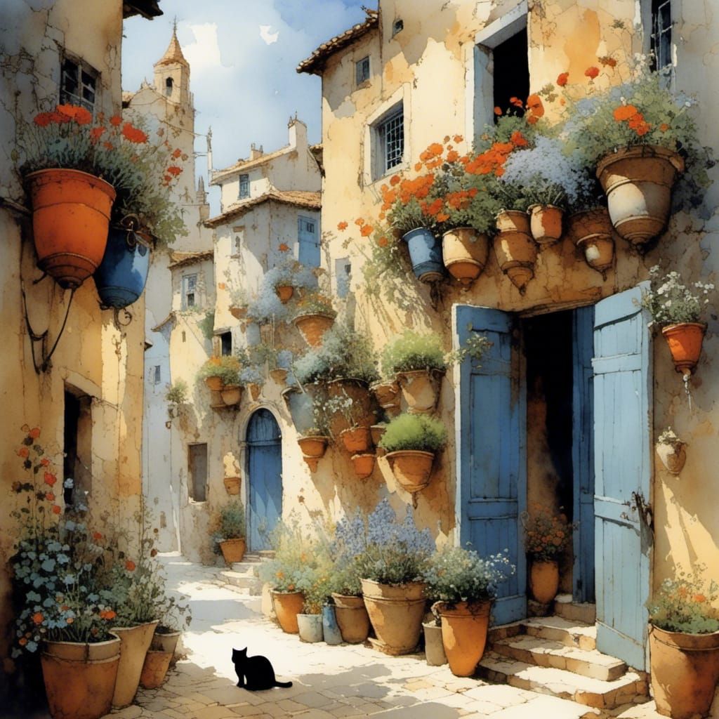 Charming Mediterranean Alley with Sleeping Cat