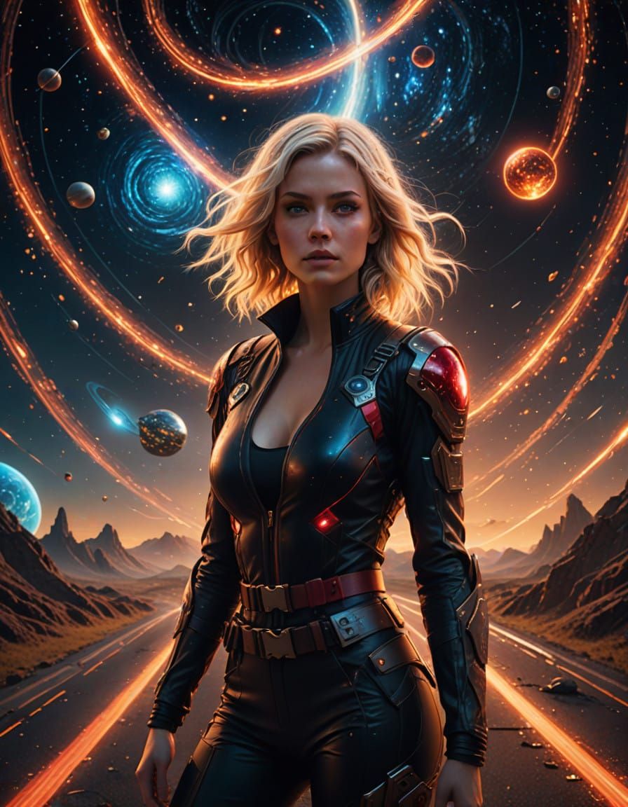 Epic Cosmic Highway in Space, Radiant Bimbo Goddess Illumina...