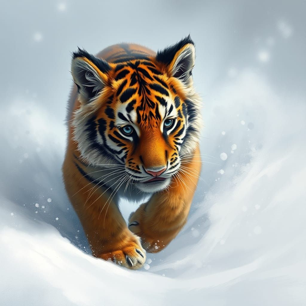 Magical Tiger Cub in Snow Drift: Fantasy Concept Art
