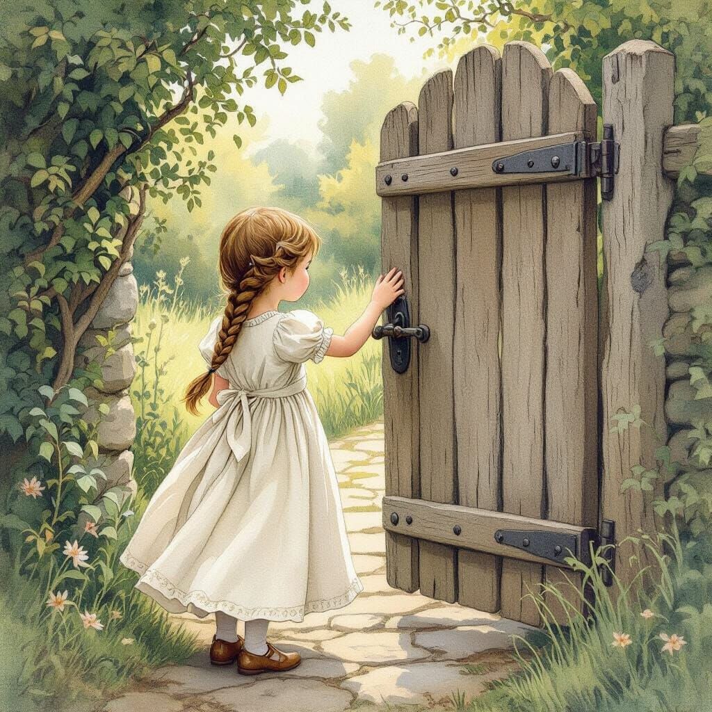 Girl Knocks On Gate In Fairy Tale Gouache Painting