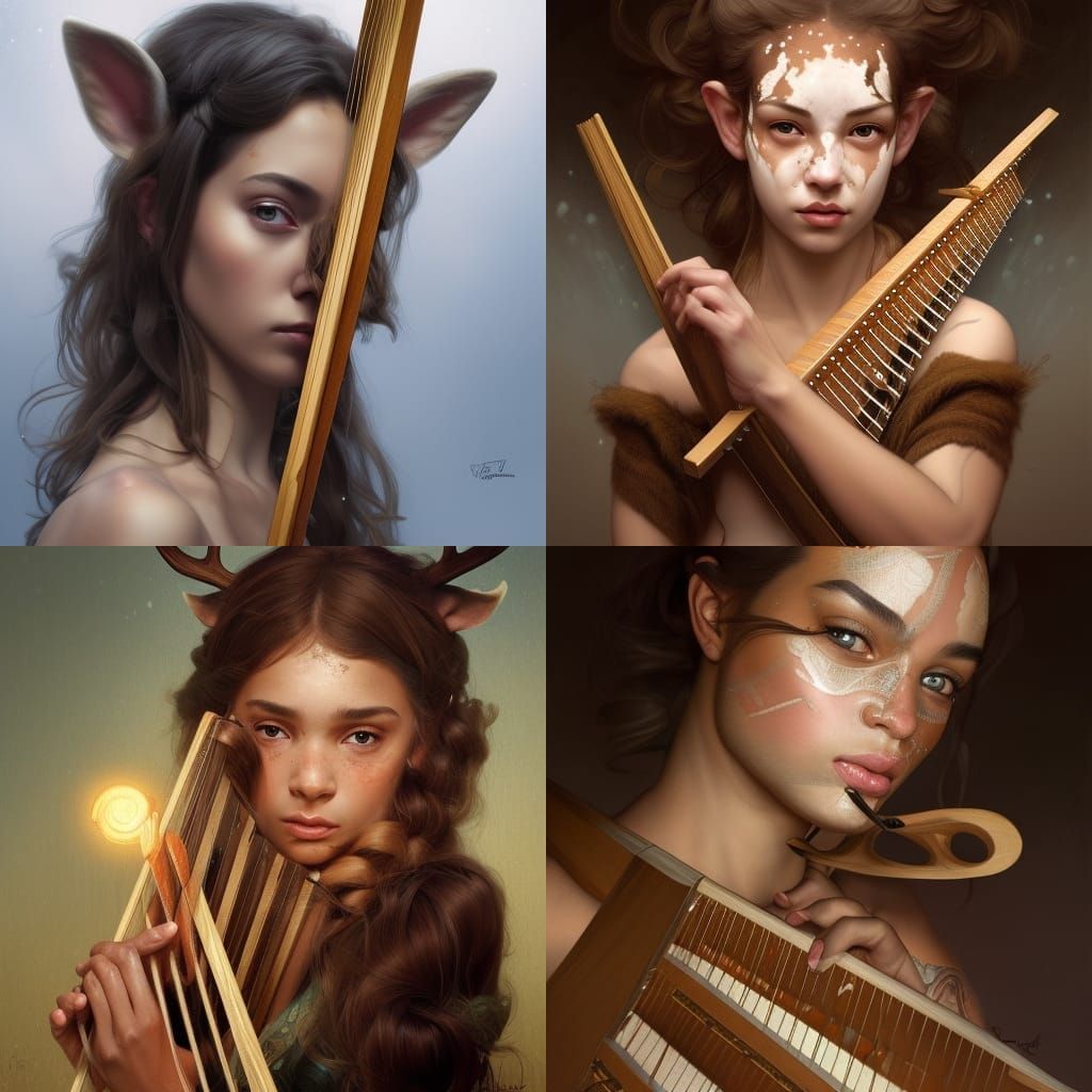 Girl with Deer Ears Plays Harp: Detailed Portrait