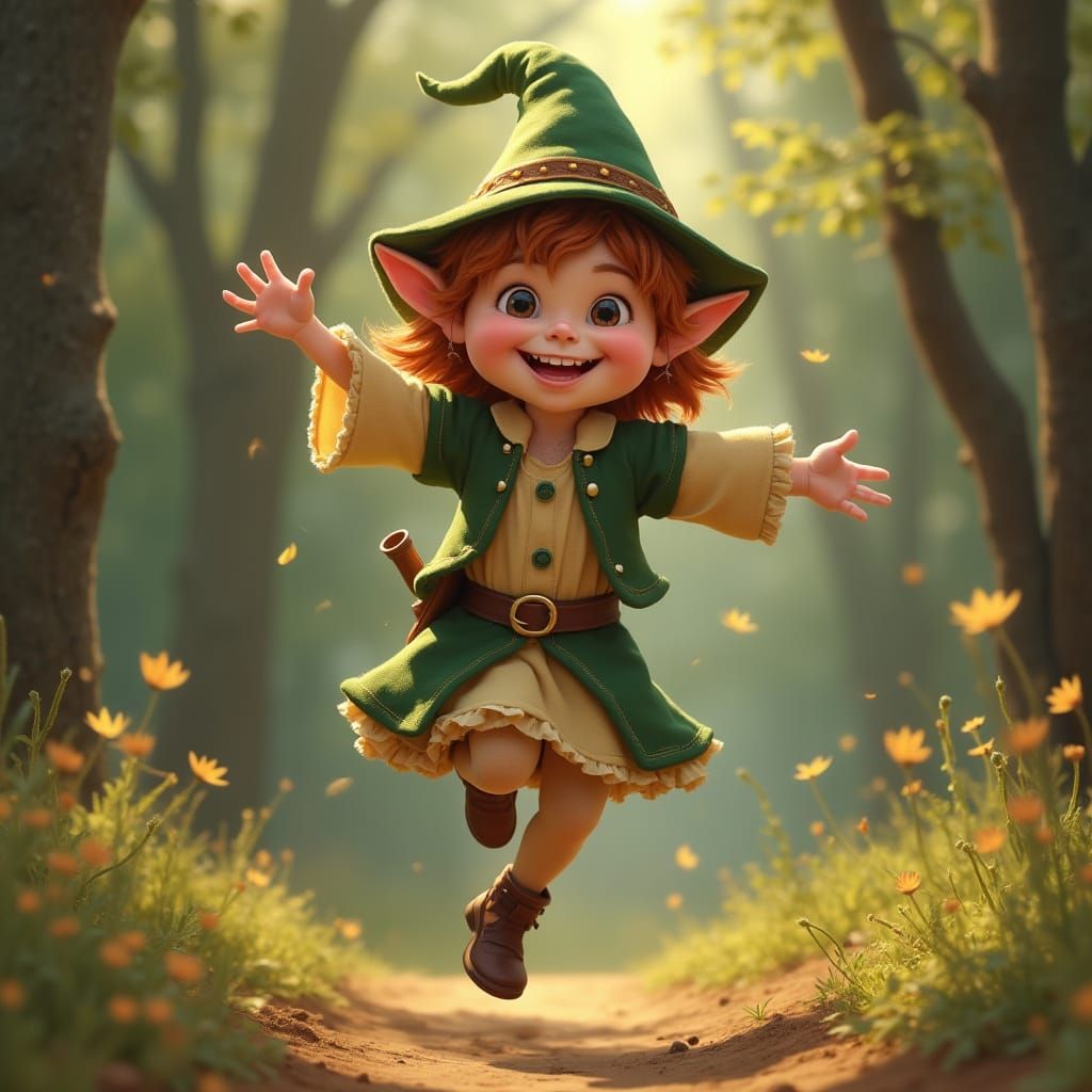 Vibrant Hobbit in Elegant Ballgown Takes a Joyful Leap