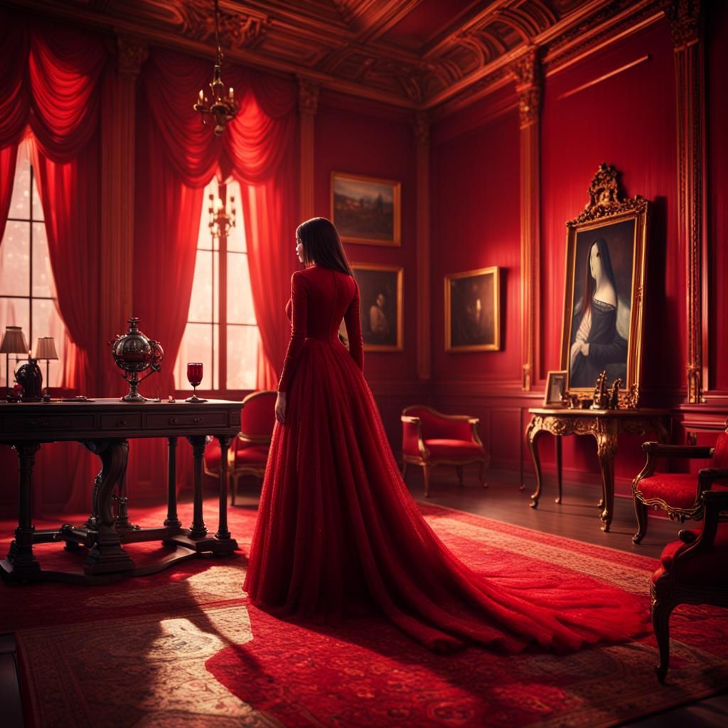 Faceless Girl in Red Room: Digital Matte Painting