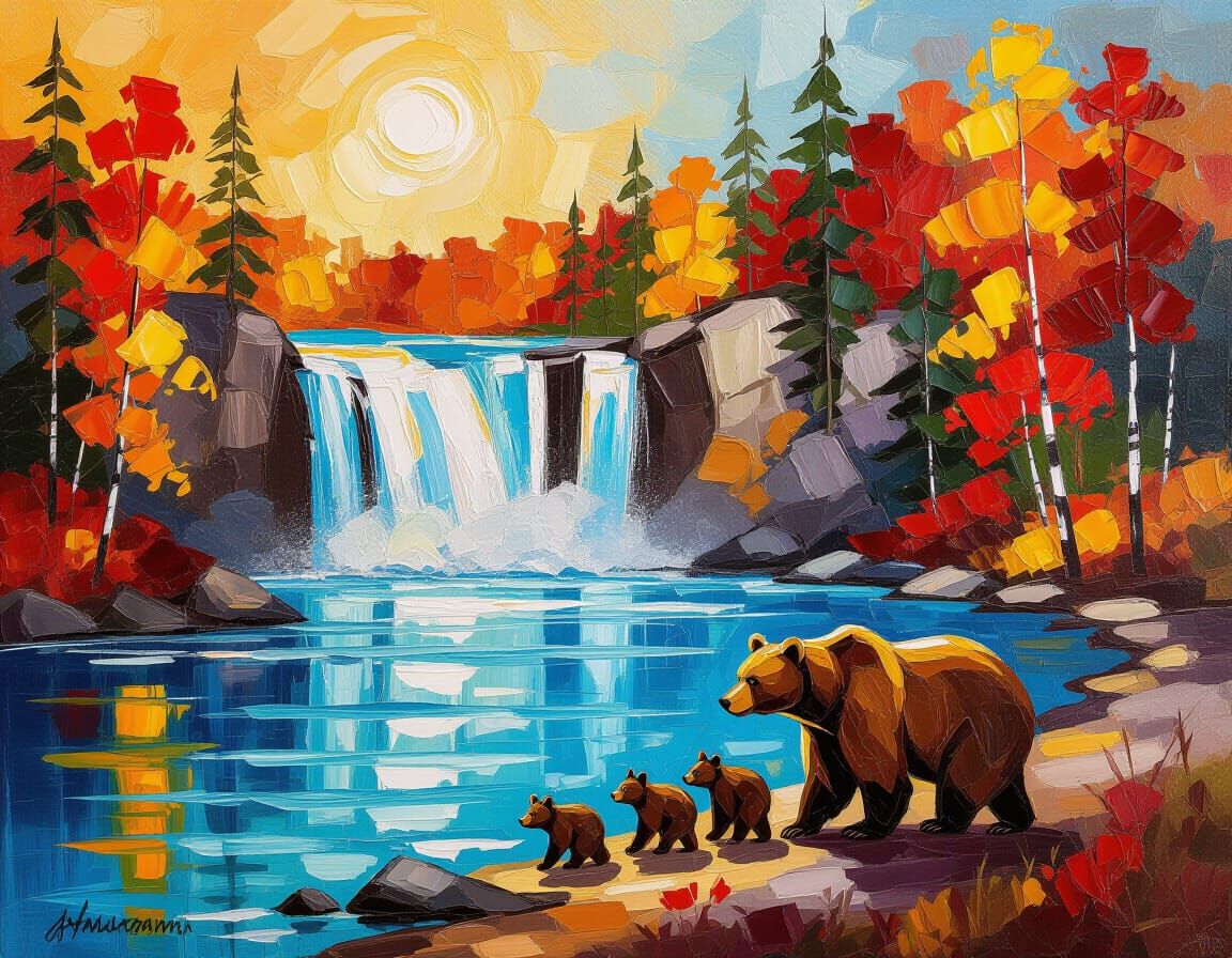 Grizzly Bears at Canadian Waterfall in Autumn Impasto Style
