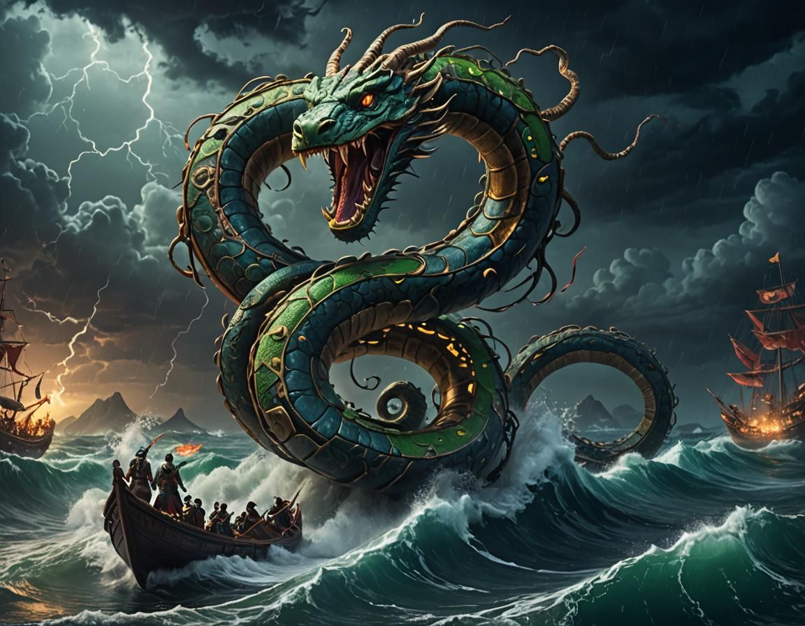 Fantastic Sea Serpent and Shamans on Stormy Night