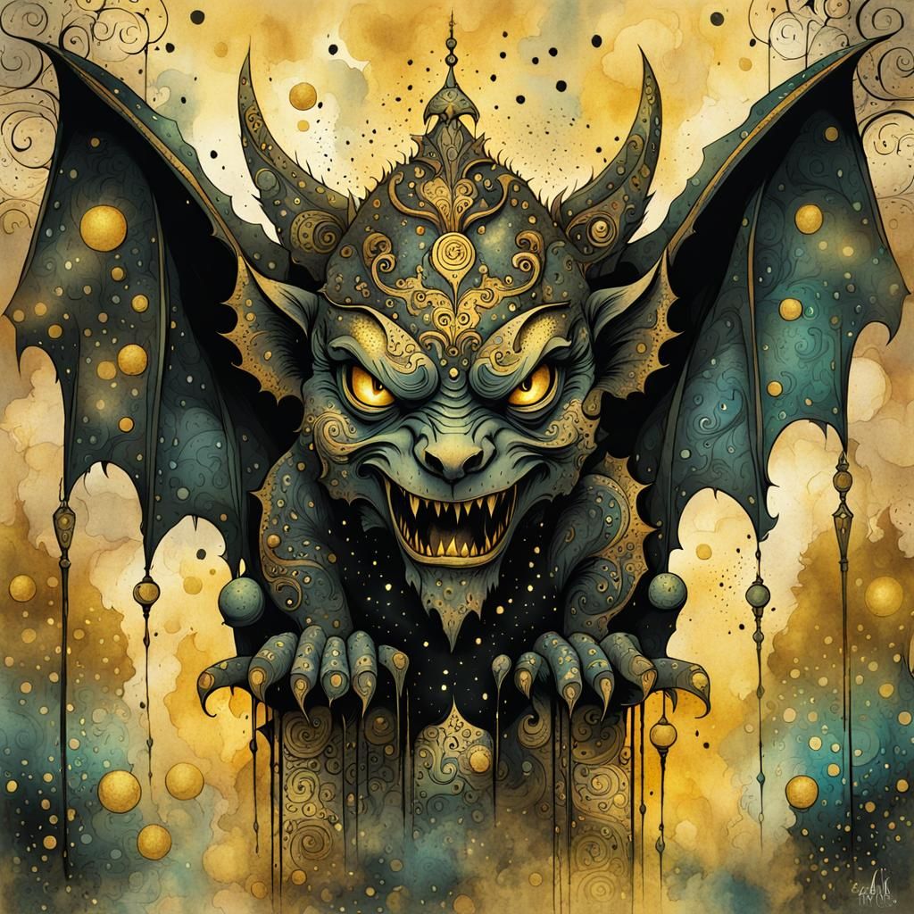 Whimsical Gargoyle with Golden Details in Digital Watercolor