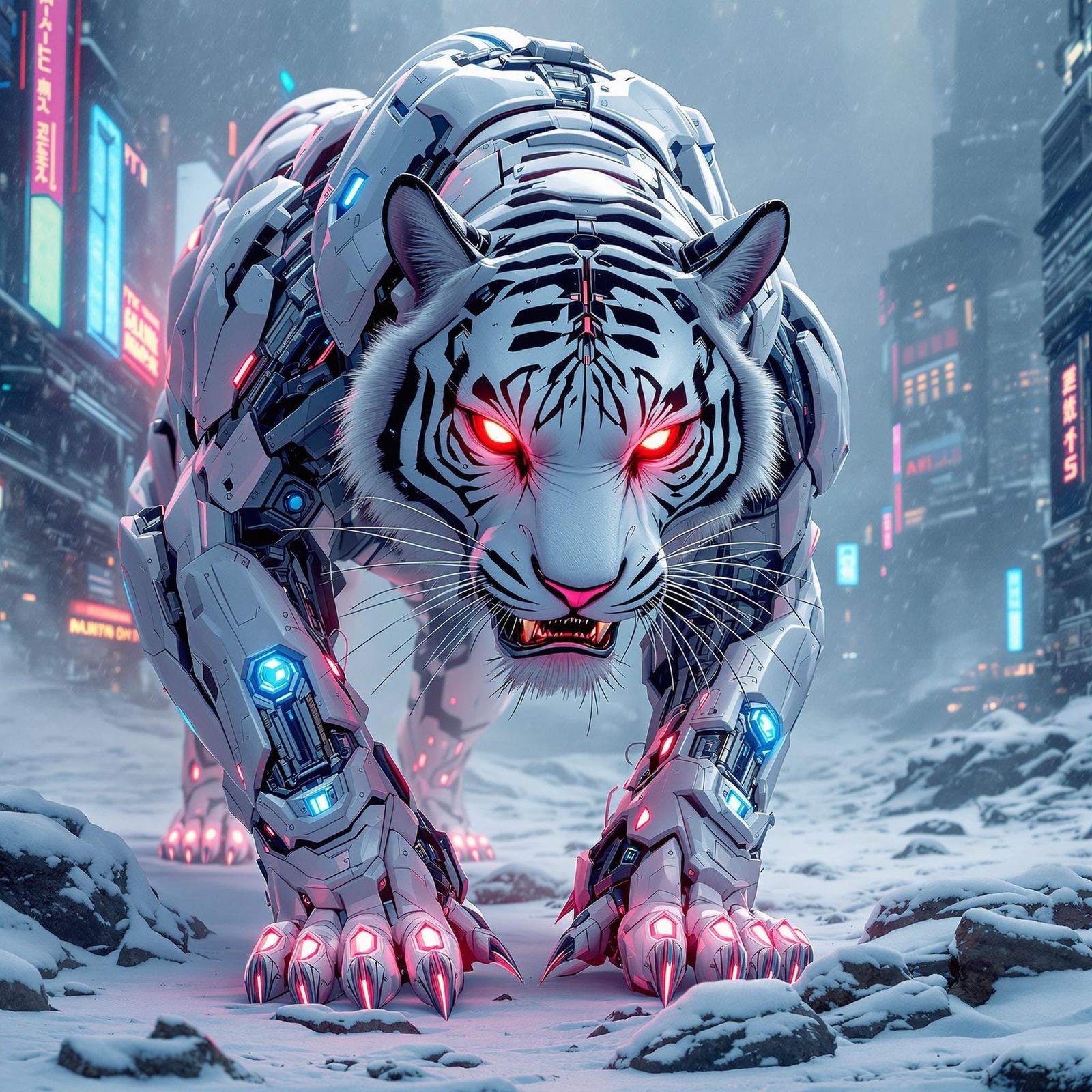 Cyberpunk Tiger with Red Eyes in Dystopian City