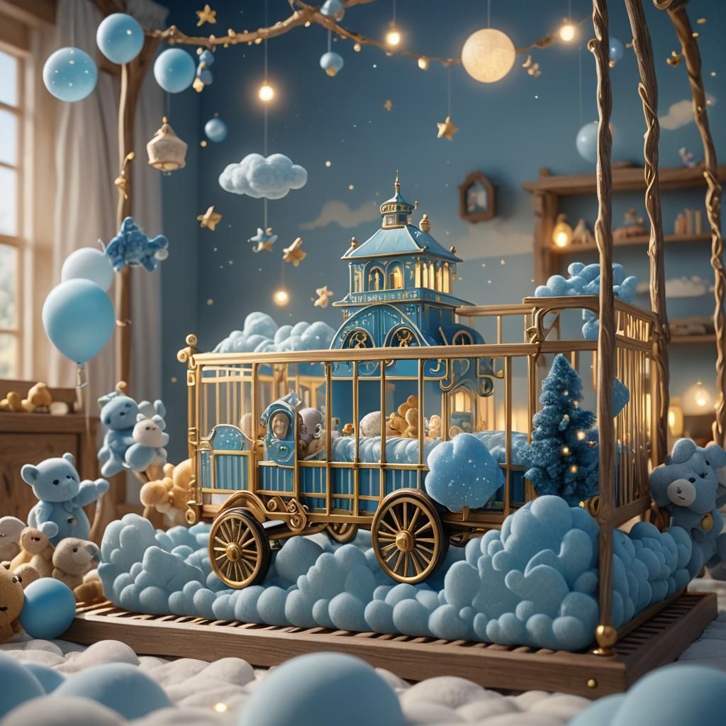 Blue Toy Train Floating Above Crib, Fantasy Art