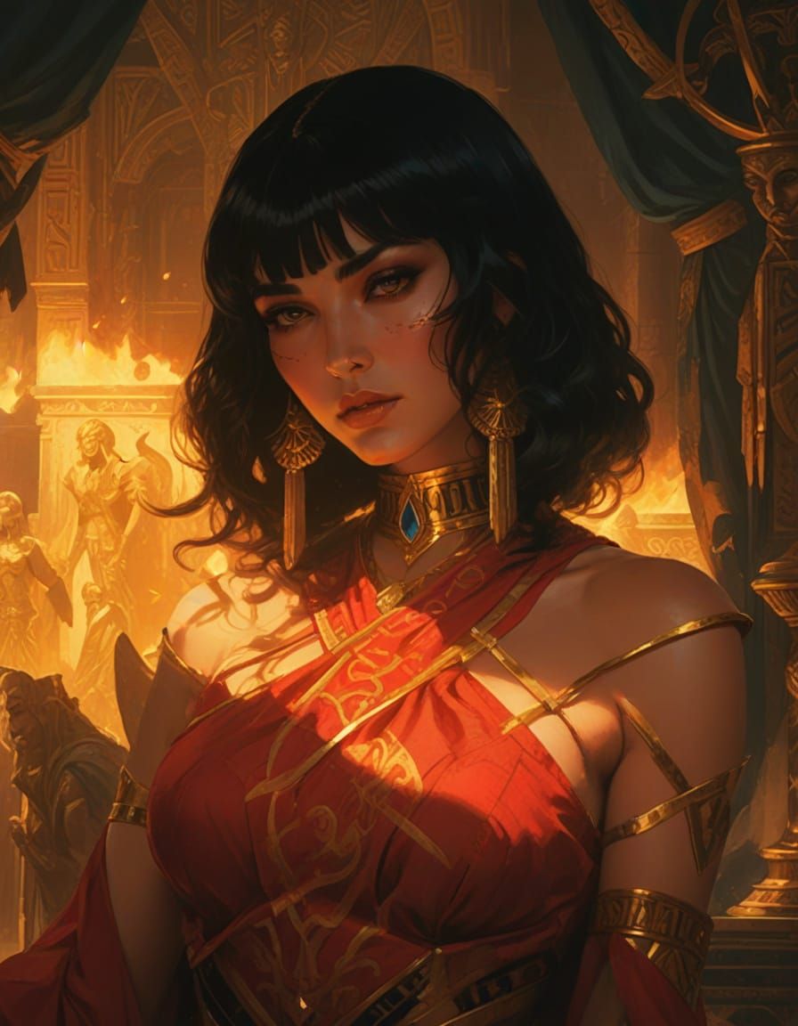 Fantasy Priestess in Scarlet Dress With Golden Patterns
