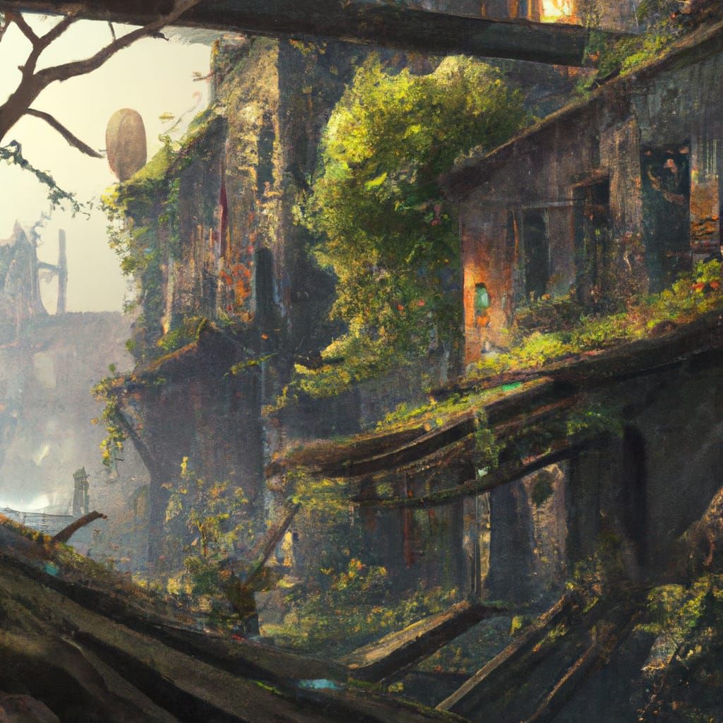 Dystopian City Ruins Art with Atmospheric Lighting