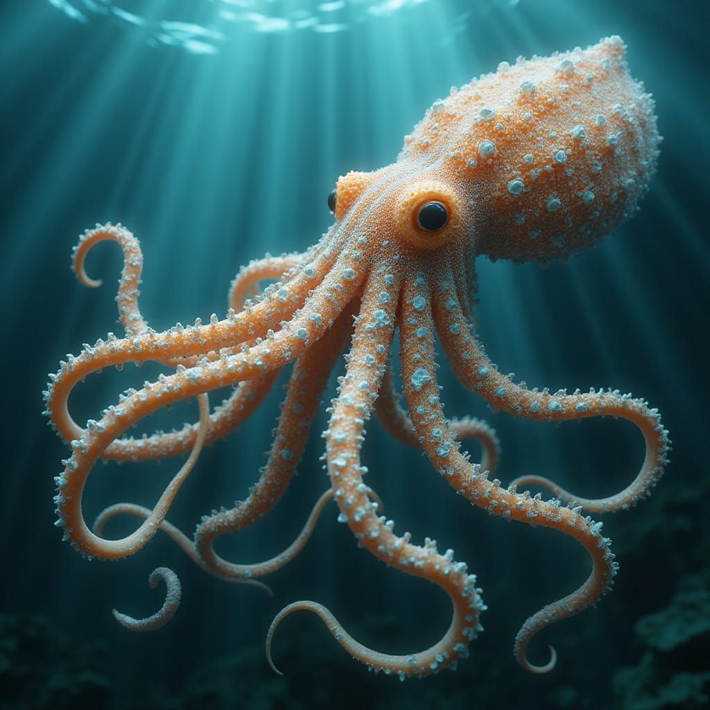 Giant Seashell Squid in Deep Sea Glow