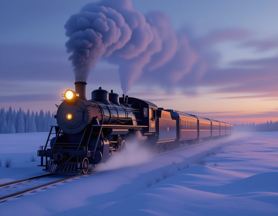 Vintage Steam Train in Snowy Twilight Landscape