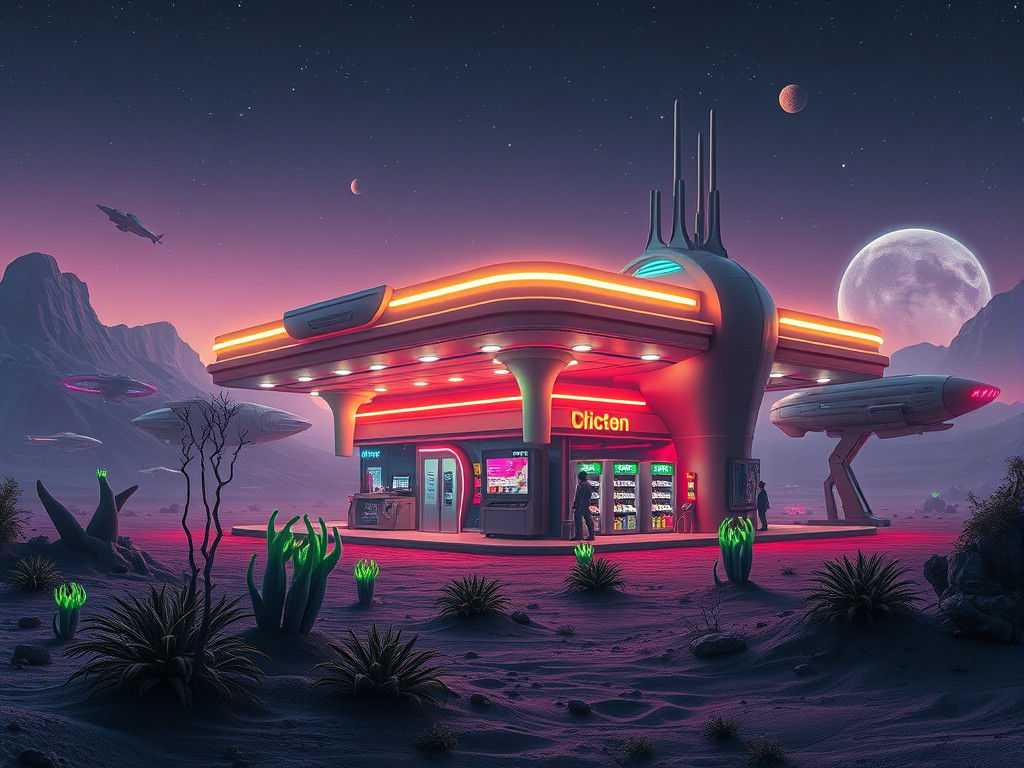 Alien Gas Station with Neon Lights and Spaceships