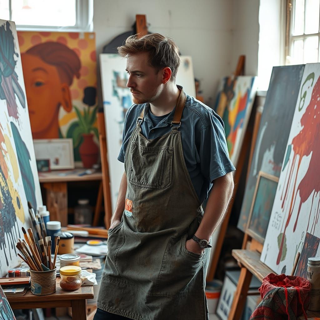 Contemplative Artist in Sunlit Studio
