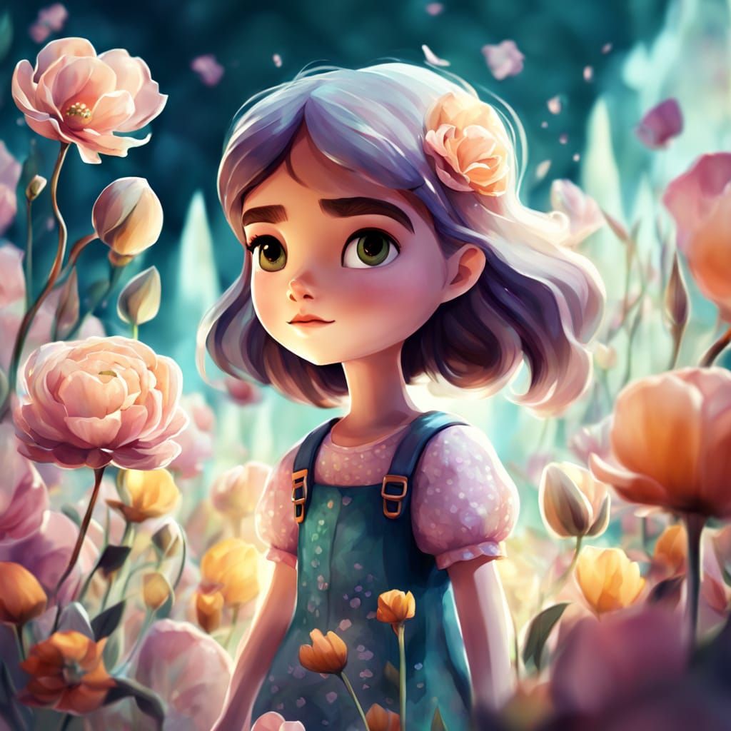 Girl Wanders Through Oversized Flowers in Watercolor Style
