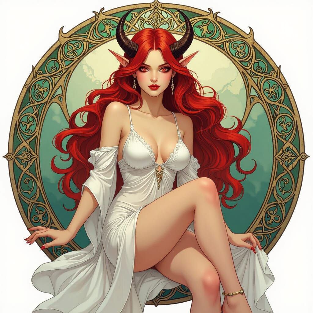 Tiefling Woman Portrait Blending Art Nouveau and Fantasy