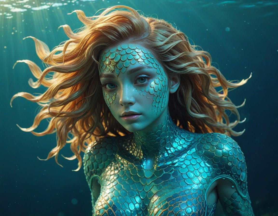 Turquoise Mermaid in Surreal Underwater Oil Painting