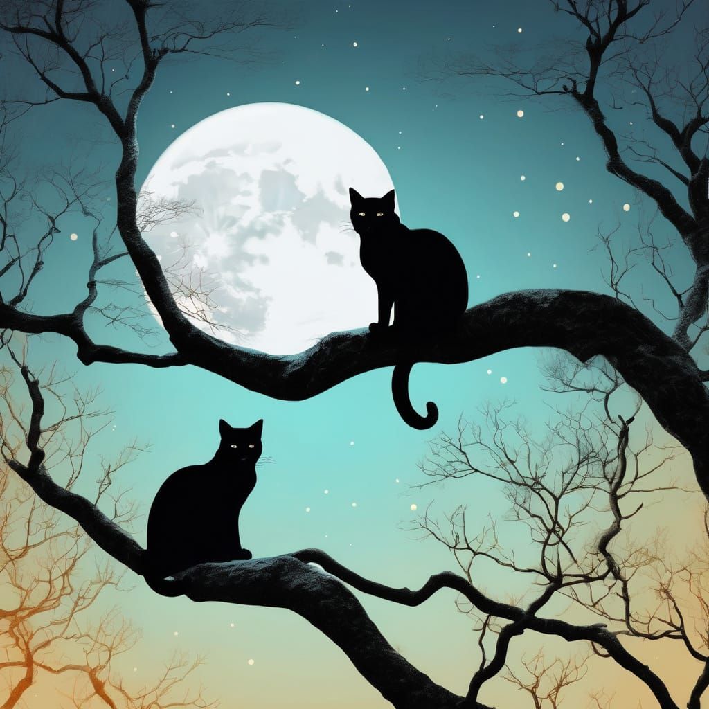 Whimsical Cats Silhouetted Against Glowing Moon