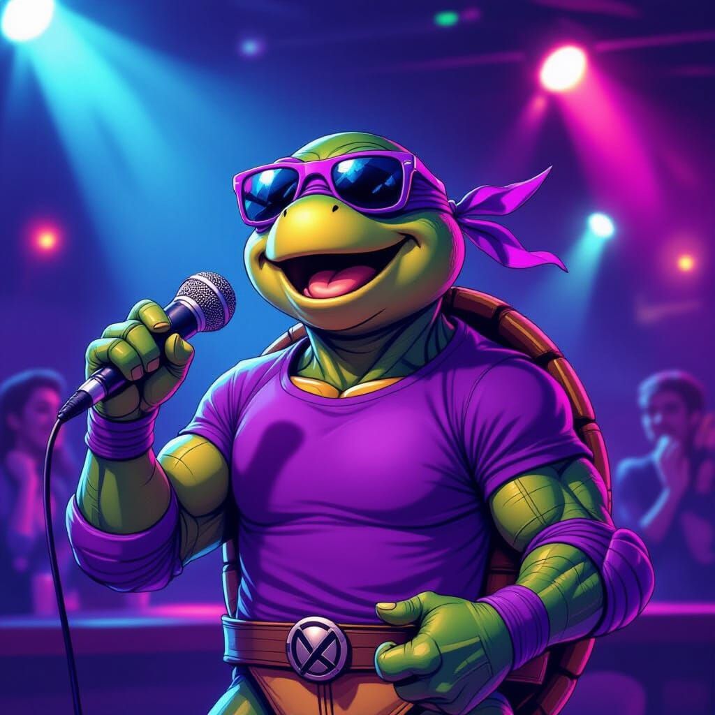 Cartoon Turtle Sings Karaoke in Neon Nightclub