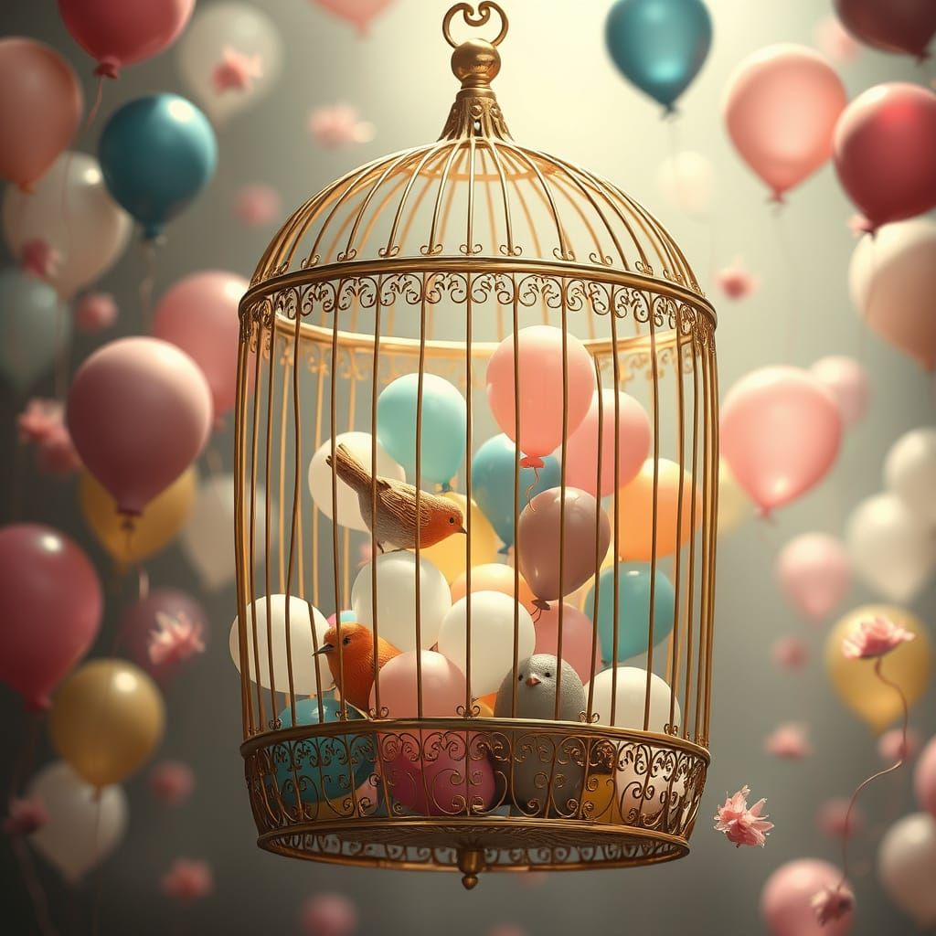 Golden Birdcage with Balloons in Illustrative Style