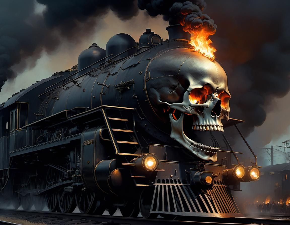Ominous Skull Train Steaming Through the Night