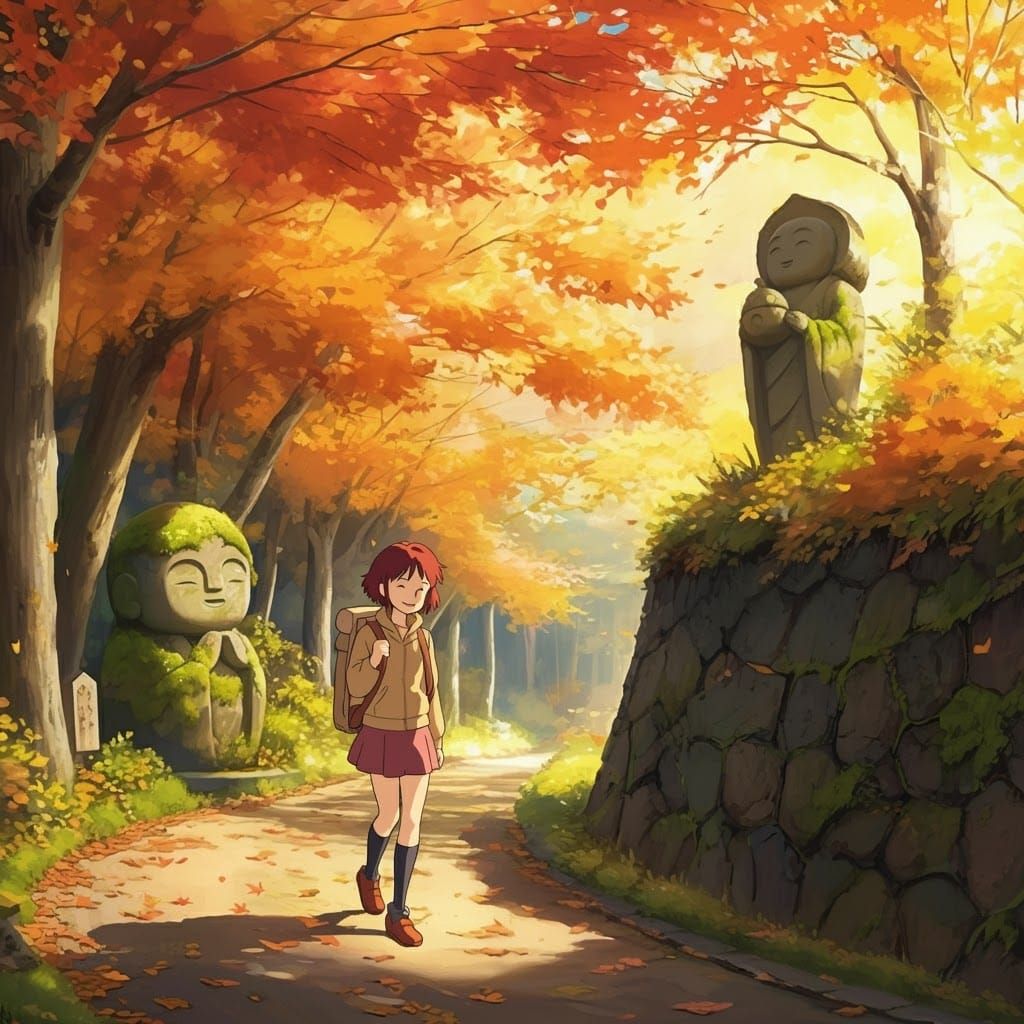 Autumn Girl in Japanese Countryside: Ghibli Anime