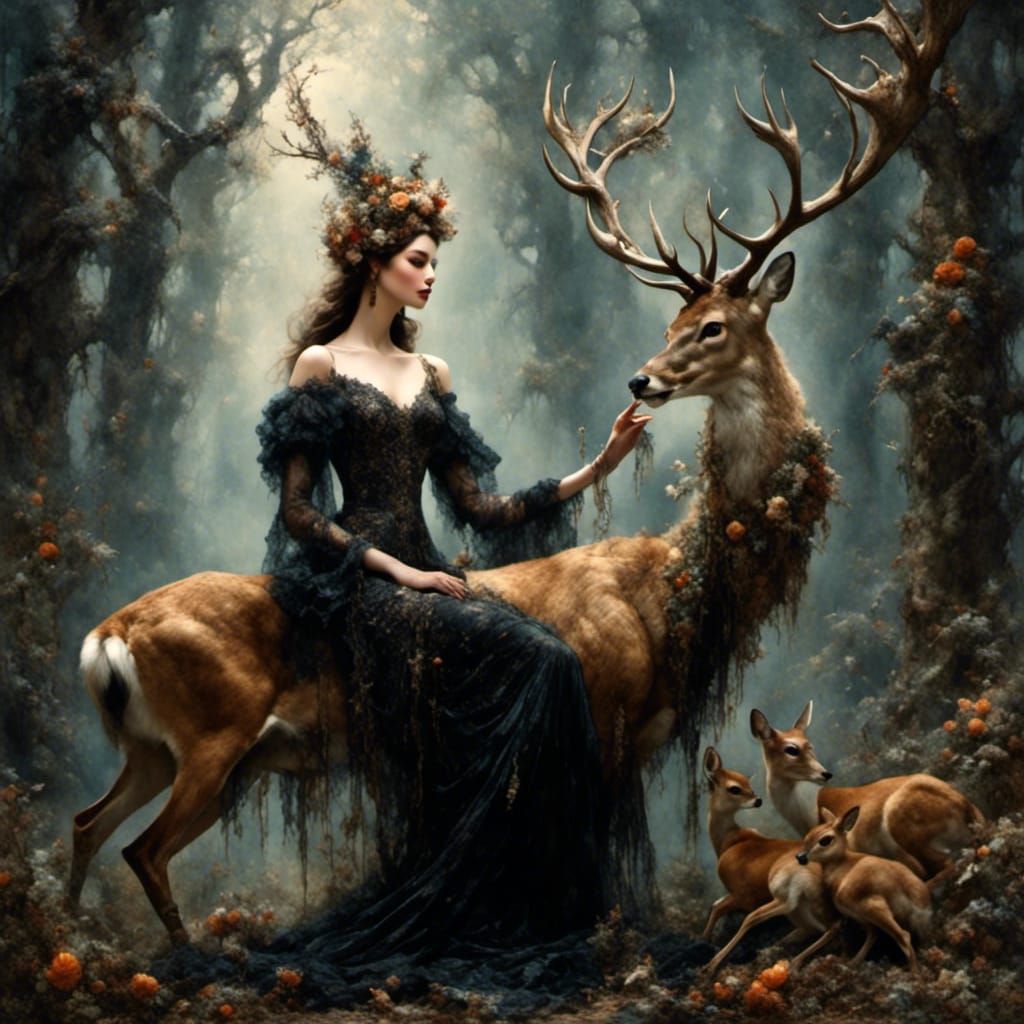 Elegant Woman Feeds Deer in Dark Fantasy Forest