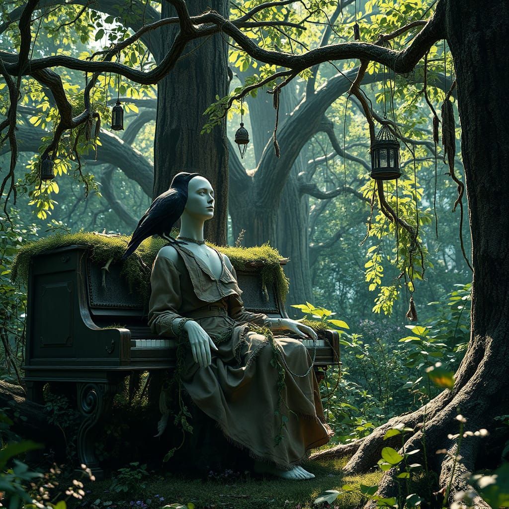 Grungey Mannequin Plays Piano in Overgrown Forest
