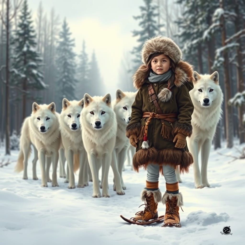 Native American Girl with Wolves in Winter Forest