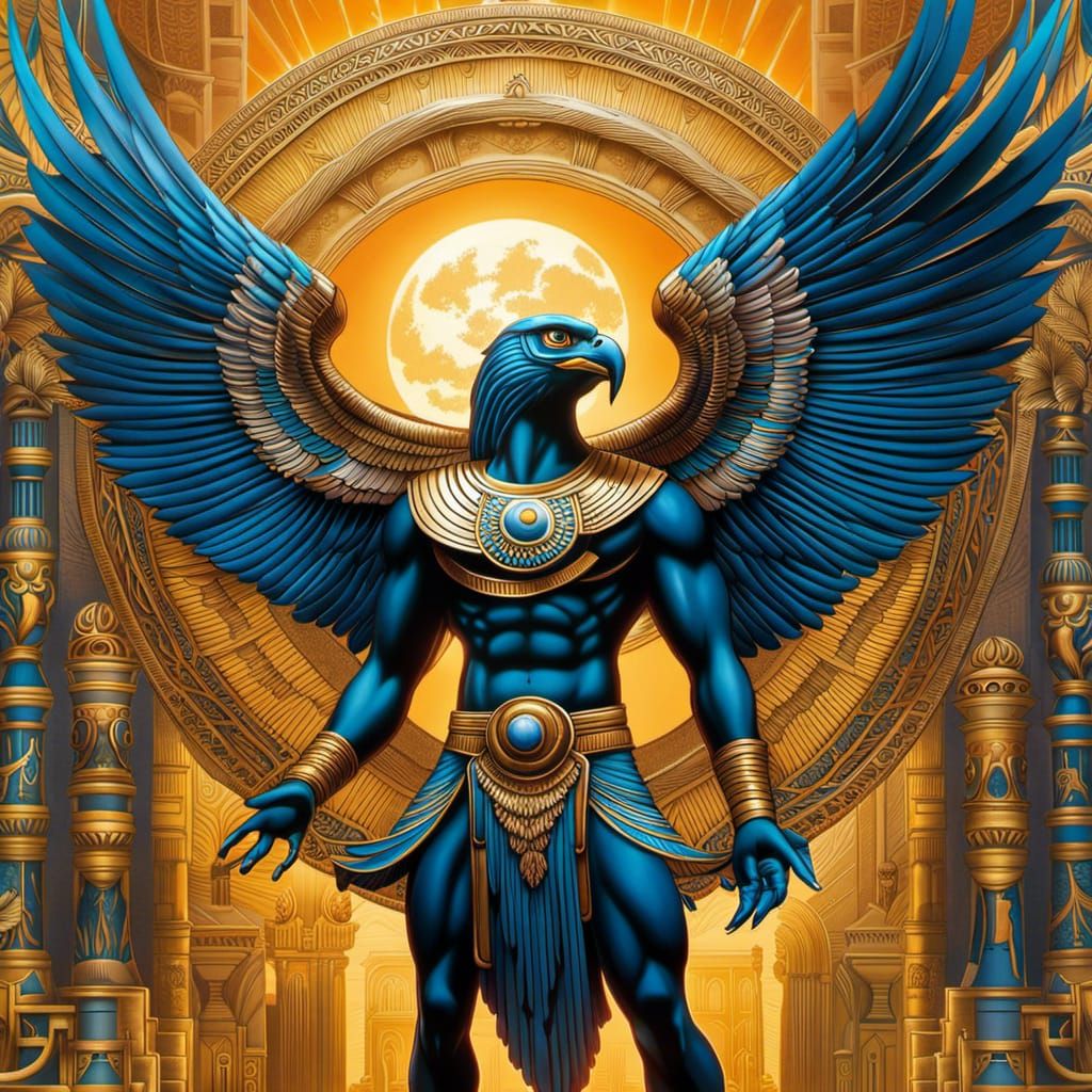 A restructuring of a full body view of Horus the Egyptian God in mid leap off of the ground and his mighty wings startin...