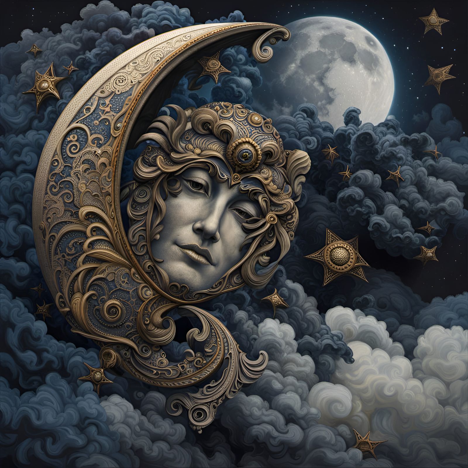 Detailed Crescent Moon Face in Blue Hues