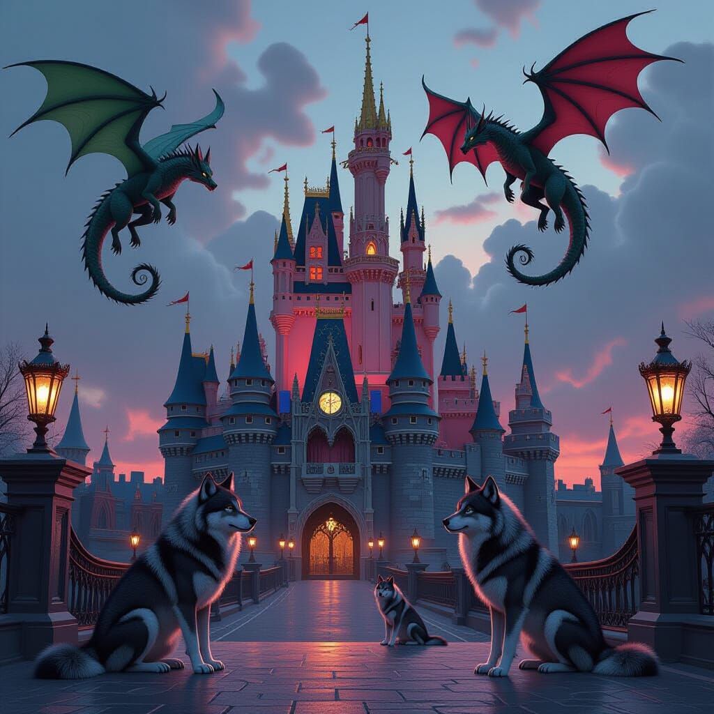 Dark Fantasy Christmas Castle with Dragons and Wolves